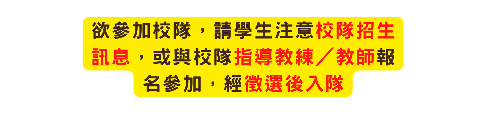 欲參加校隊 請學生注意校隊招生訊息 或與校隊指導教練 教師報名參加 經徵選後入隊